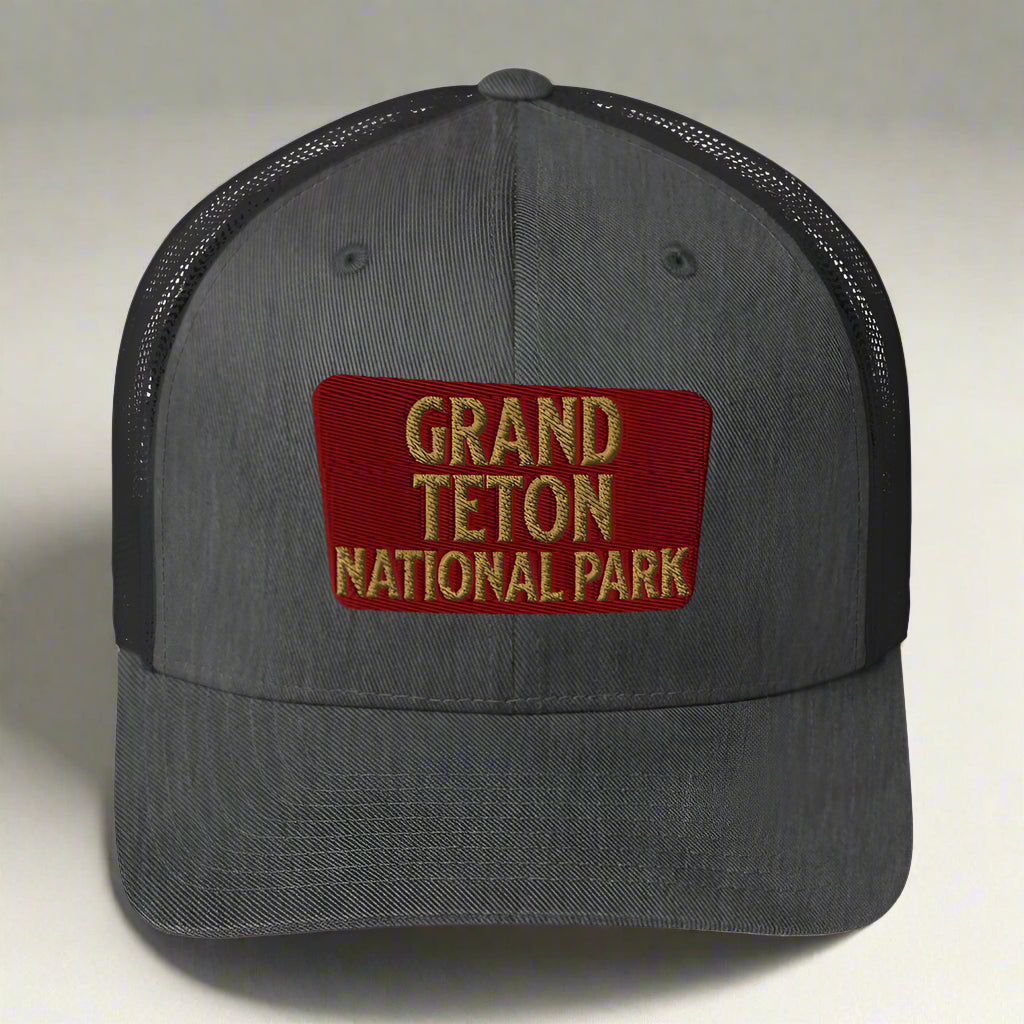 Grand Teton National Park Sign Embroidered Trucker Hat hat Park Service Apparel Dark Heather Gray