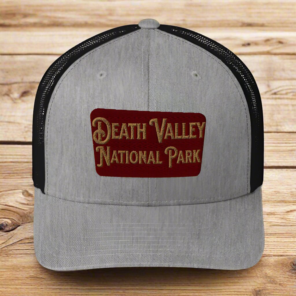Death Valley National Park Sign Embroidered Trucker Cap hat Park Service Apparel Heather/ Black