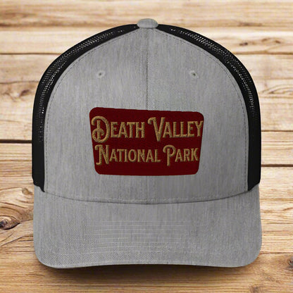 Death Valley National Park Sign Embroidered Trucker Cap hat Park Service Apparel Heather/ Black
