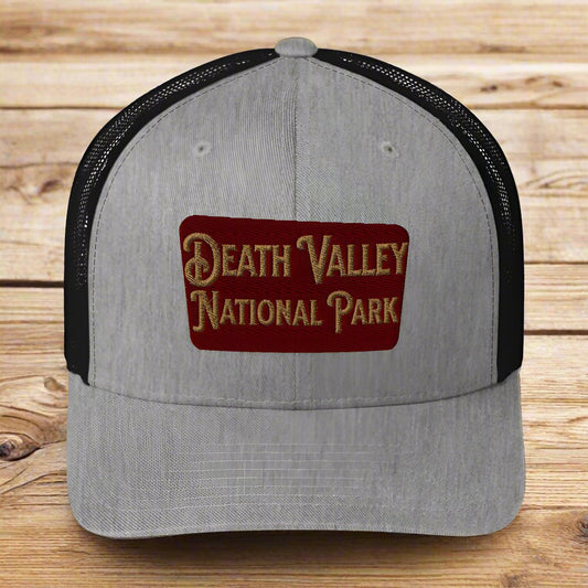 Death Valley National Park Sign Embroidered Trucker Cap hat Park Service Apparel Heather/ Black