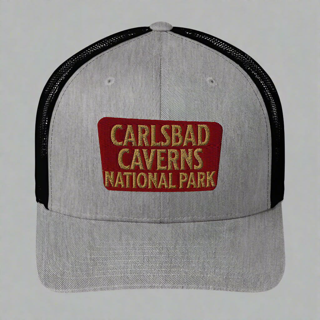 Carlsbad Caverns National Park Sign Embroidered Trucker Hat hat Park Service Apparel Heather/ Black