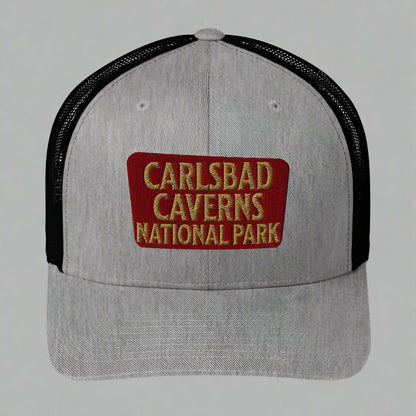 Carlsbad Caverns National Park Sign Embroidered Trucker Hat hat Park Service Apparel Heather/ Black