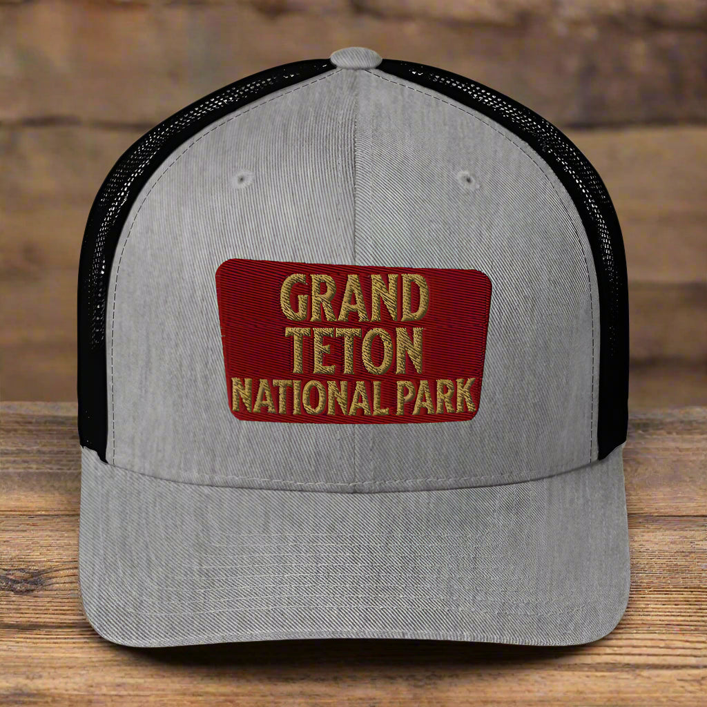 Grand Teton National Park Sign Embroidered Trucker Hat hat Park Service Apparel Heather/ Black