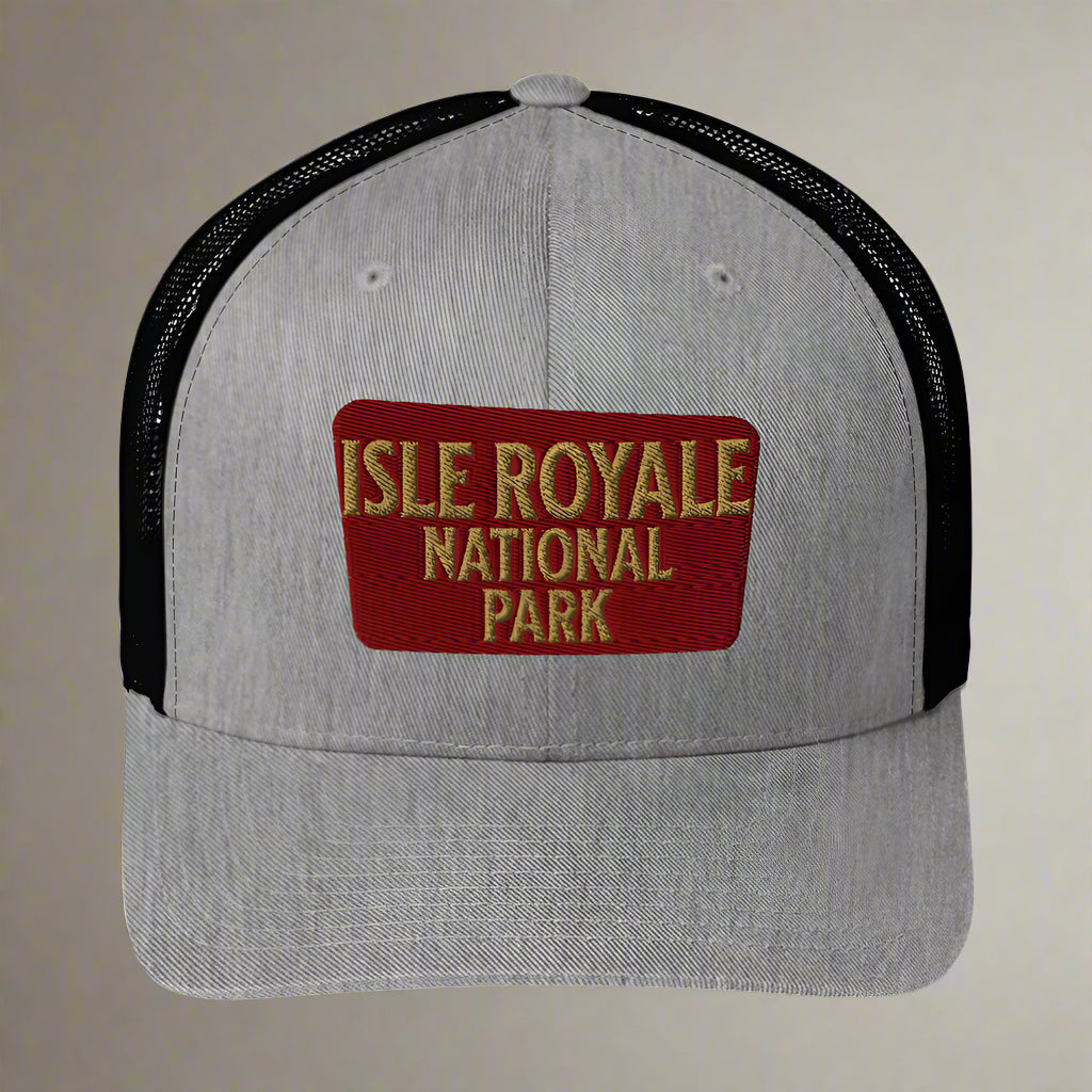 Isle Royale National Park Sign Embroidered Trucker Hat hat Park Service Apparel Heather/ Black