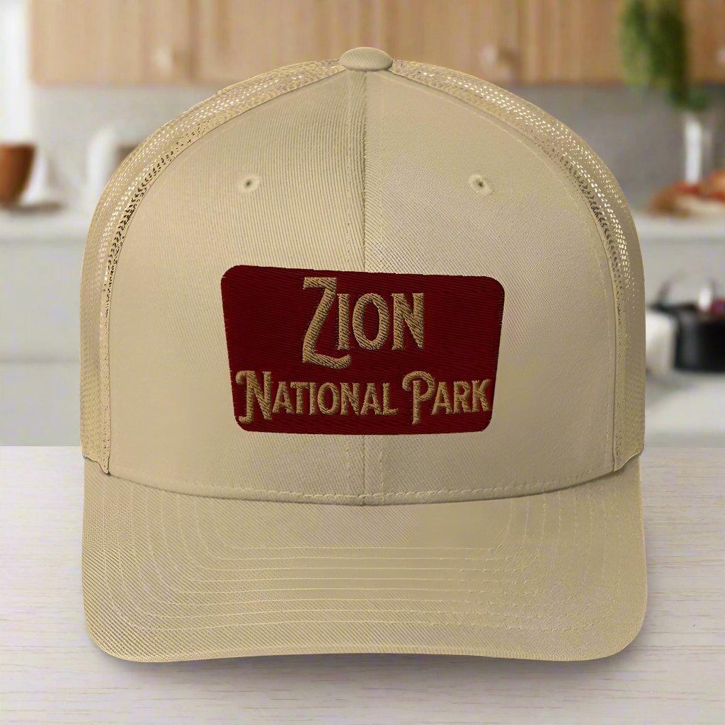 Zion National Park Sign Trucker Cap hat Park Service Apparel Khaki