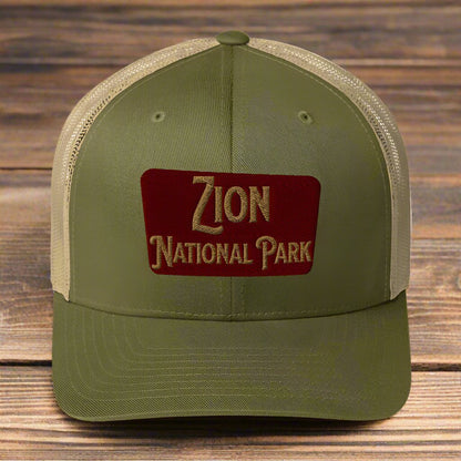 Zion National Park Sign Trucker Cap hat Park Service Apparel Moss/ Khaki