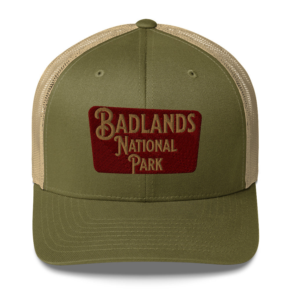 Badlands National Park Sign Embroidered Trucker Hat hat Park Service Apparel Moss/ Khaki