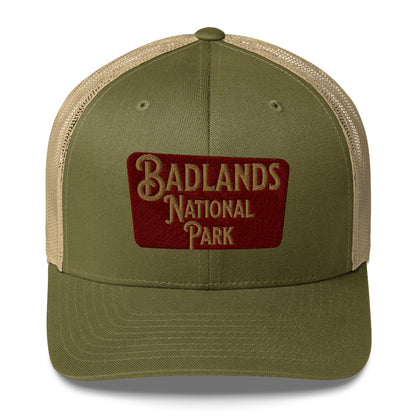 Badlands National Park Sign Embroidered Trucker Hat hat Park Service Apparel Moss/ Khaki