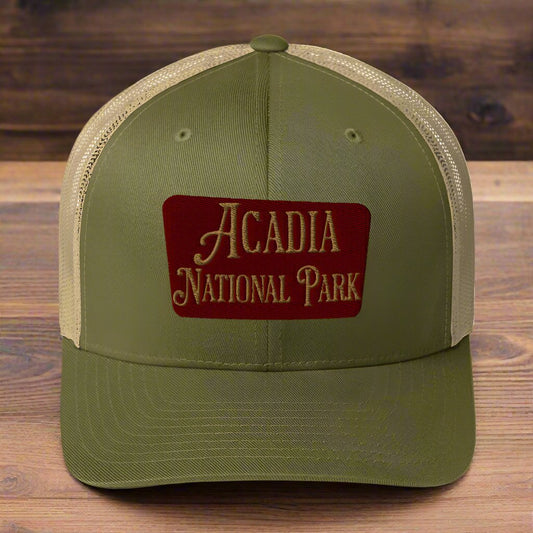 Acadia National Park Embroidered Trucker Hat hat Park Service Apparel Moss/ Khaki