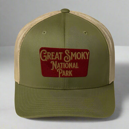 Great Smoky Mountains National Park Embroidered Trucker Hat hat Park Service Apparel Moss/ Khaki
