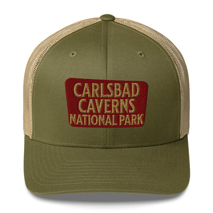 Carlsbad Caverns National Park Sign Embroidered Trucker Hat hat Park Service Apparel Moss/ Khaki