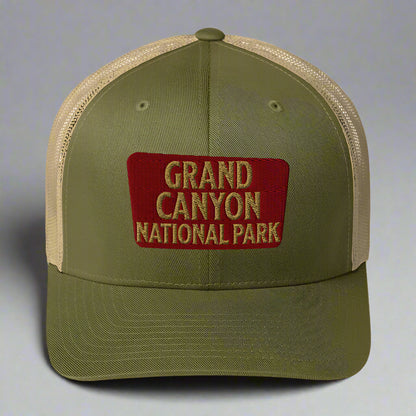 Grand Canyon National Park Sign Embroidered Trucker Hat hat Park Service Apparel Moss/ Khaki