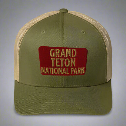 Grand Teton National Park Sign Embroidered Trucker Hat hat Park Service Apparel Moss/ Khaki