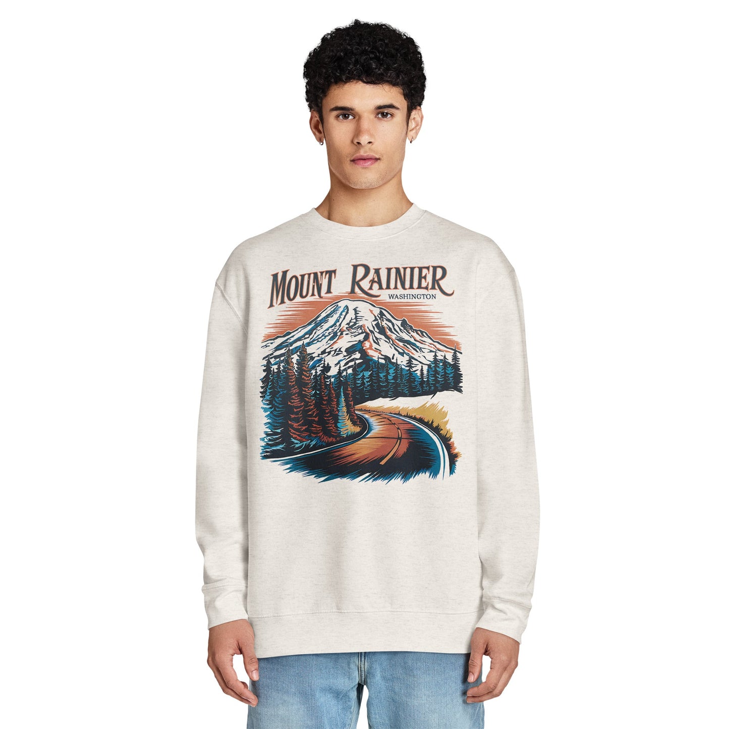 Road to Rainier crewneck sweatshirt shown in lifestyle or modeled setting