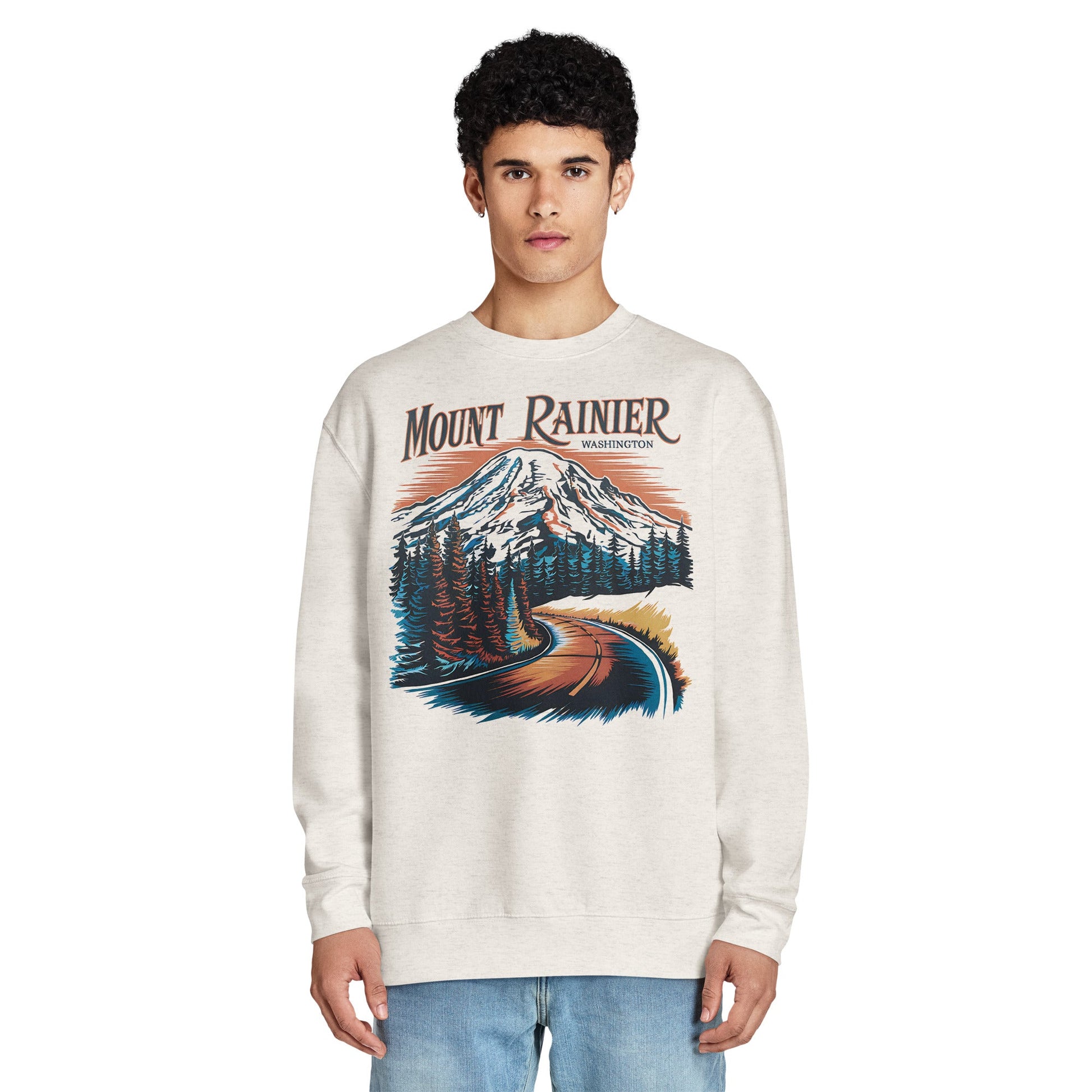 Road to Rainier crewneck sweatshirt shown in lifestyle or modeled setting