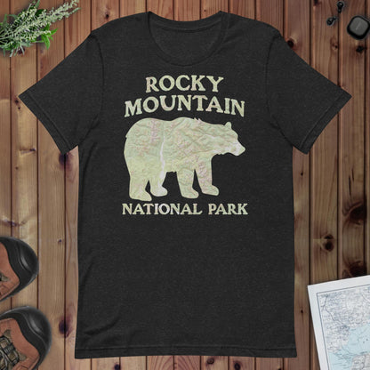 Rocky Mountain Bear national park topo t-shirt shown in lifestyle or modeled setting
