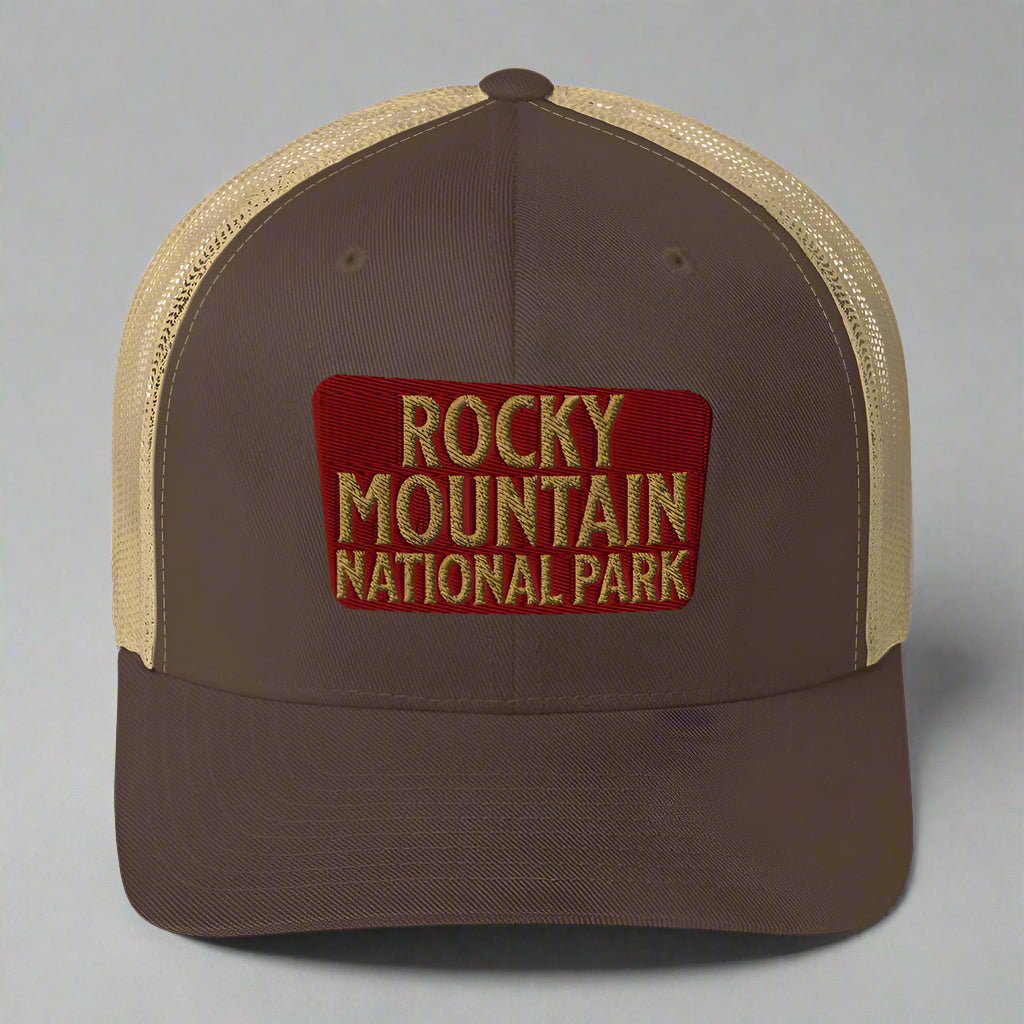 Rocky Mountain National Park embroidered trucker hat shown in lifestyle or modeled setting