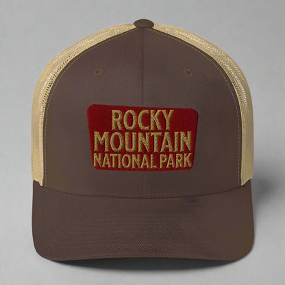 Rocky Mountain National Park embroidered trucker hat shown in lifestyle or modeled setting