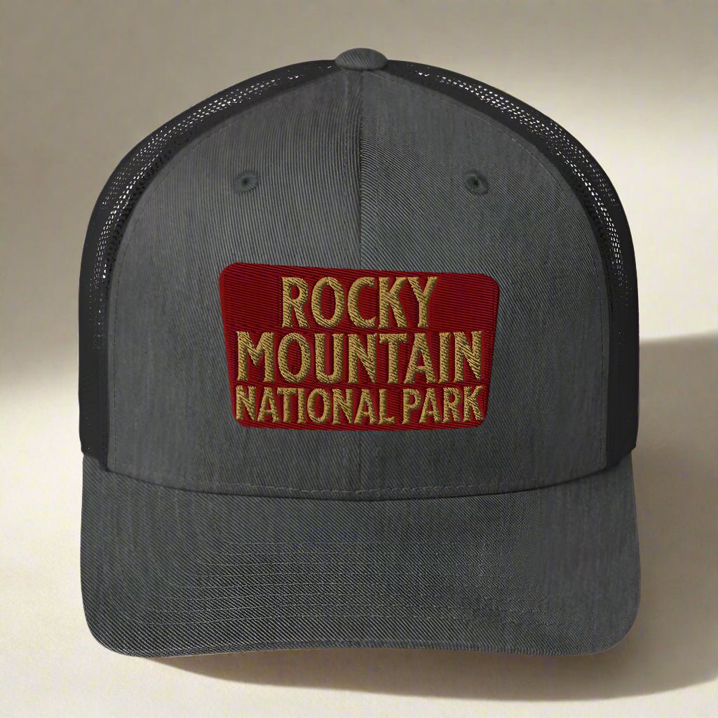 Rocky Mountain National Park embroidered trucker hat shown from alternate product angle