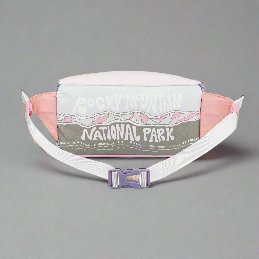 Rocky Mountain National Park graphic hip pack shown in lifestyle or modeled setting