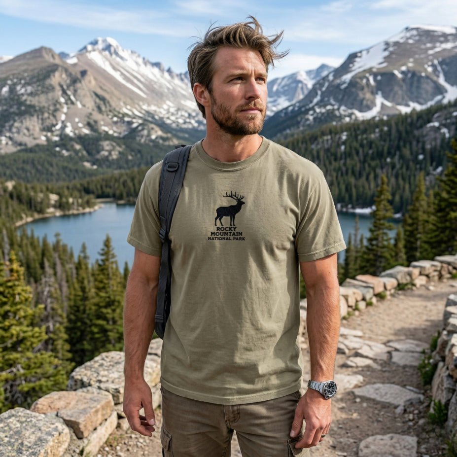 Rocky Mountain National Park premium embroidered t-shirt shown in lifestyle or modeled setting