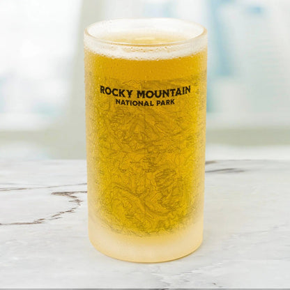Rocky Mountain National Park topographic pint mug shown from alternate product angle