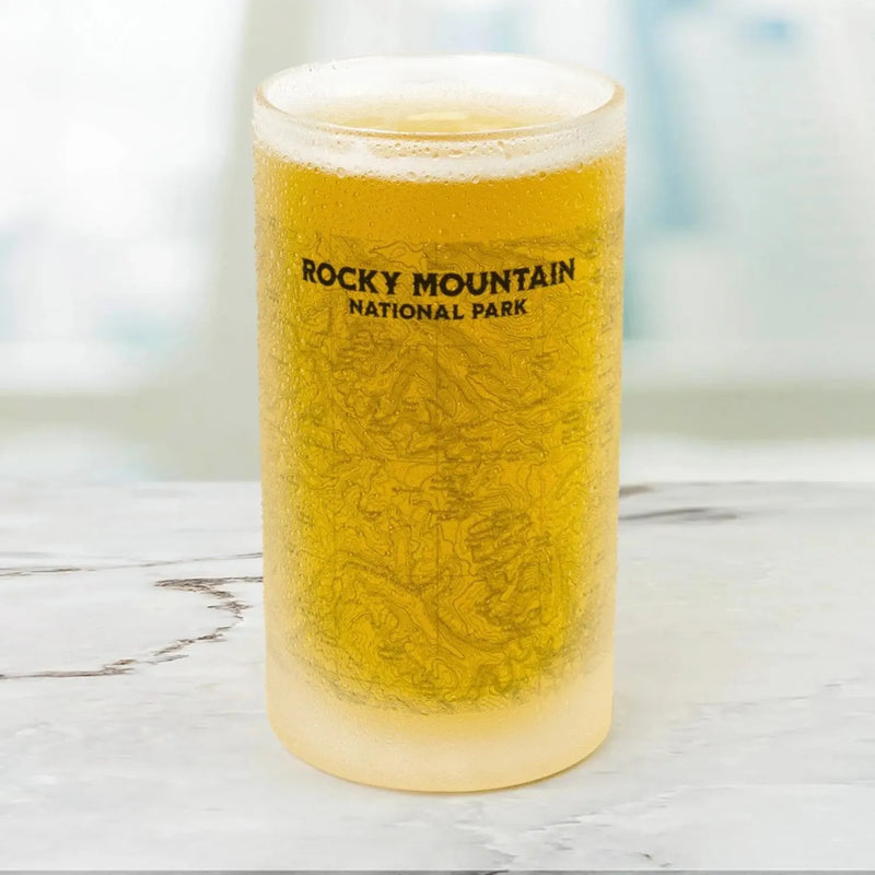 Rocky Mountain National Park topographic pint mug shown from alternate product angle