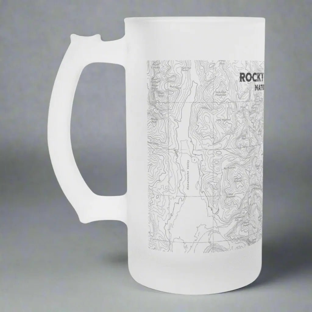 Rocky Mountain National Park topographic pint mug shown from alternate product angle