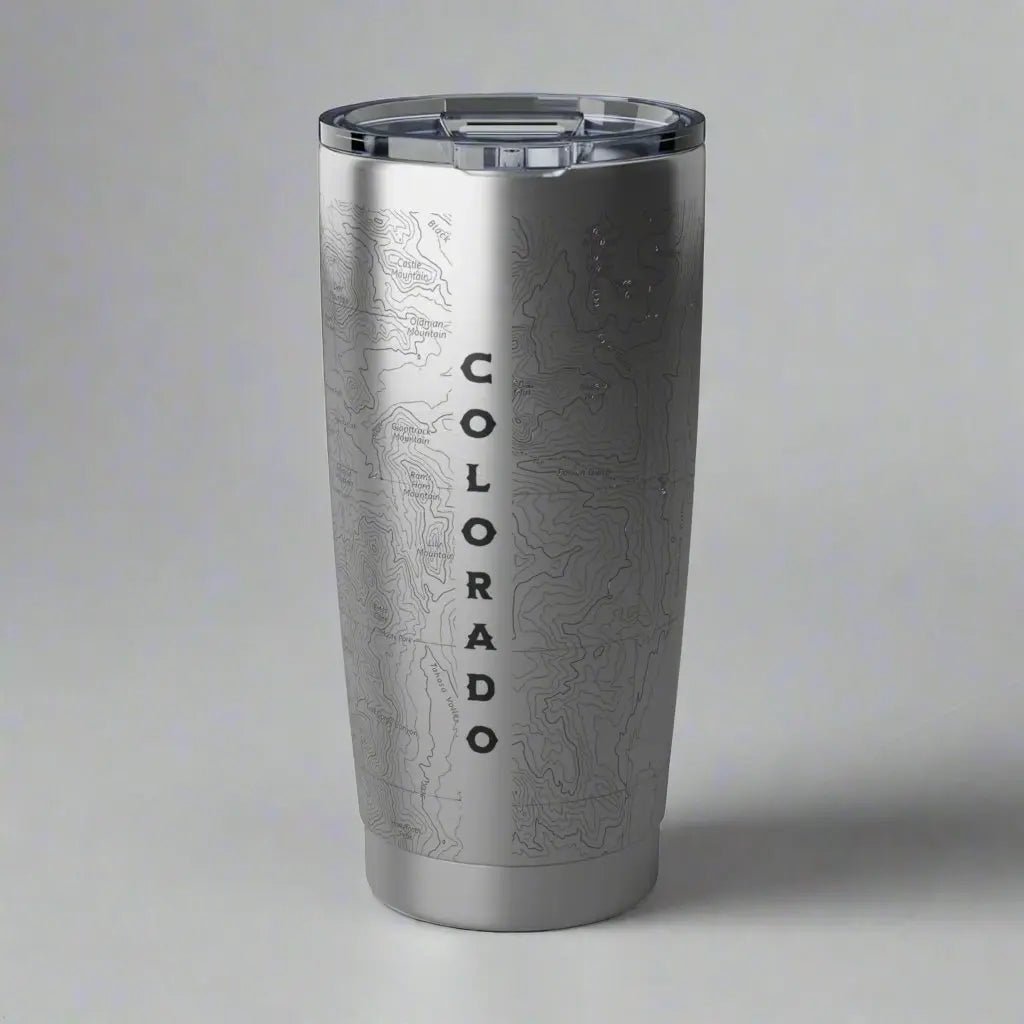 Rocky Mountain National Park topographic 20 oz tumbler with USGS map print shown from alternate product angle