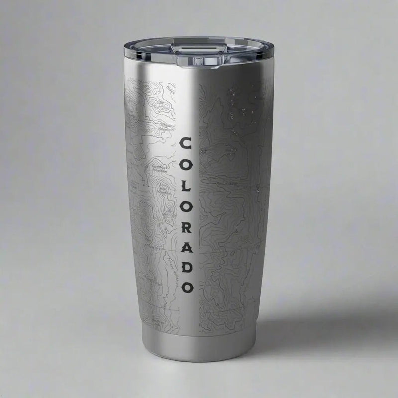 Rocky Mountain National Park topographic 20 oz tumbler with USGS map print shown from alternate product angle