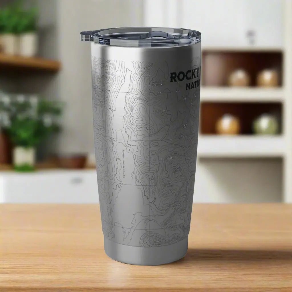 Rocky Mountain National Park topographic 20 oz tumbler with USGS map print shown from alternate product angle