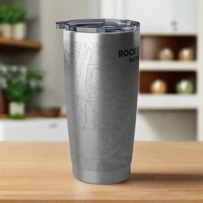 Rocky Mountain National Park topographic 20 oz tumbler with USGS map print shown from alternate product angle