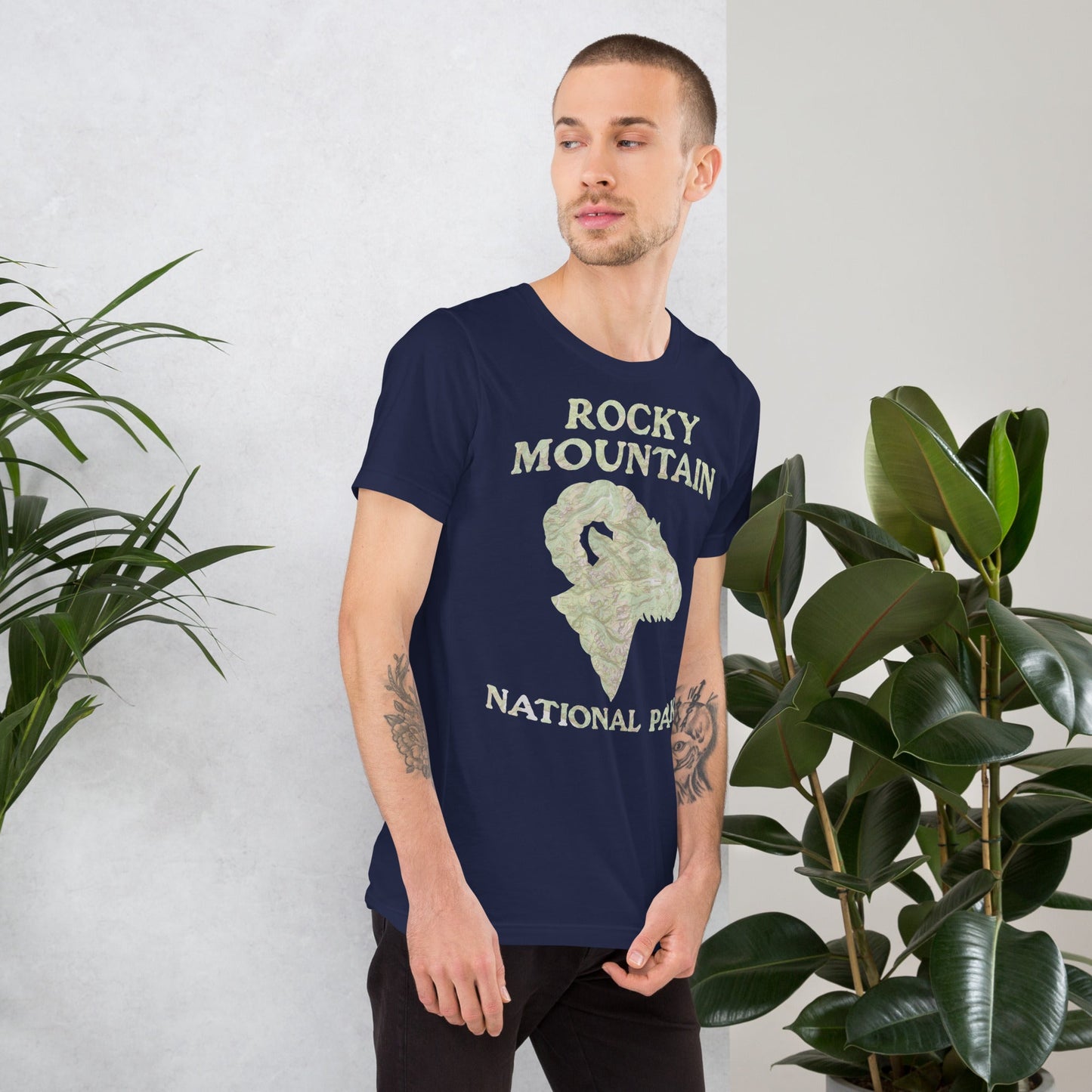 Rocky Mountain national park topo t-shirt shown in lifestyle or modeled setting