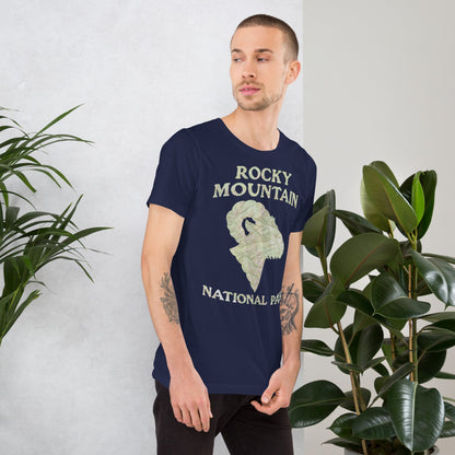 Rocky Mountain national park topo t-shirt shown in lifestyle or modeled setting