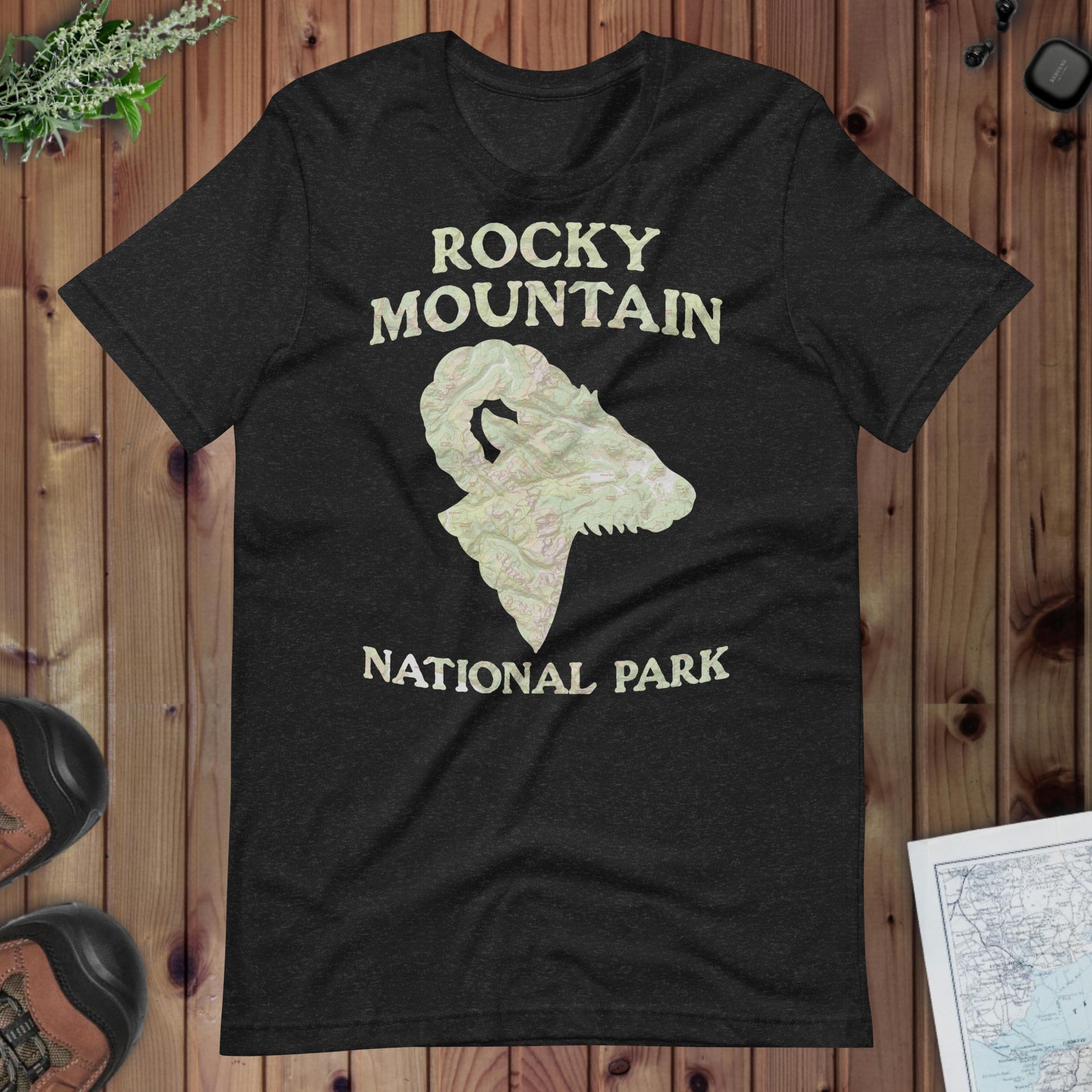 Rocky Mountain national park topo t-shirt shown in lifestyle or modeled setting