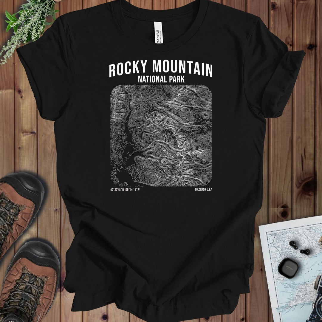 Rocky Mountain National Park Topo Lines Kids Graphic T-Shirt in Black