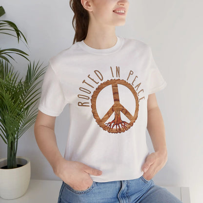Rooted In Peace Sign Rustic Wood Look Unisex Fit Short Sleeve T-Shirt Tree Roots - Parks ApparelT-Shirt