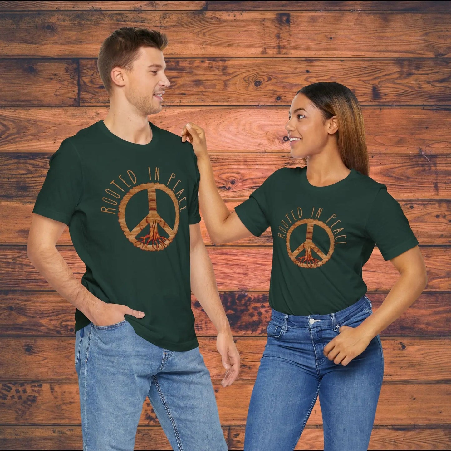 Rooted In Peace Sign Rustic Wood Look Unisex Fit Short Sleeve T-Shirt Tree Roots - Parks ApparelT-Shirt