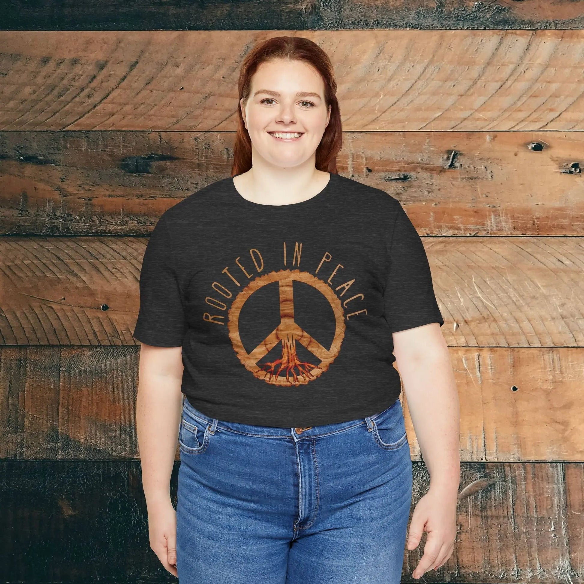 Rooted In Peace Sign Rustic Wood Look Unisex Fit Short Sleeve T-Shirt Tree Roots - Parks ApparelT-Shirt
