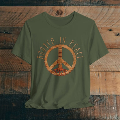Rooted In Peace Sign Rustic Wood Look Unisex Fit Short Sleeve T-Shirt Tree Roots - Parks ApparelT-Shirt