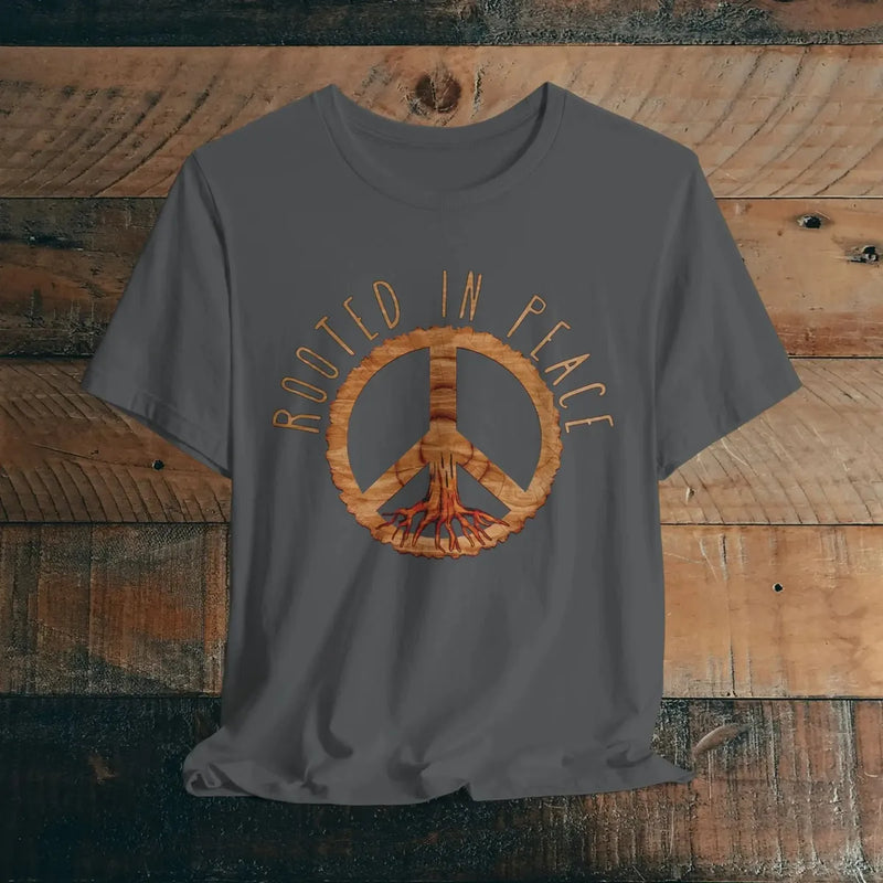 Rooted In Peace Sign Rustic Wood Look Unisex Fit Short Sleeve T-Shirt Tree Roots – Parks Apparel