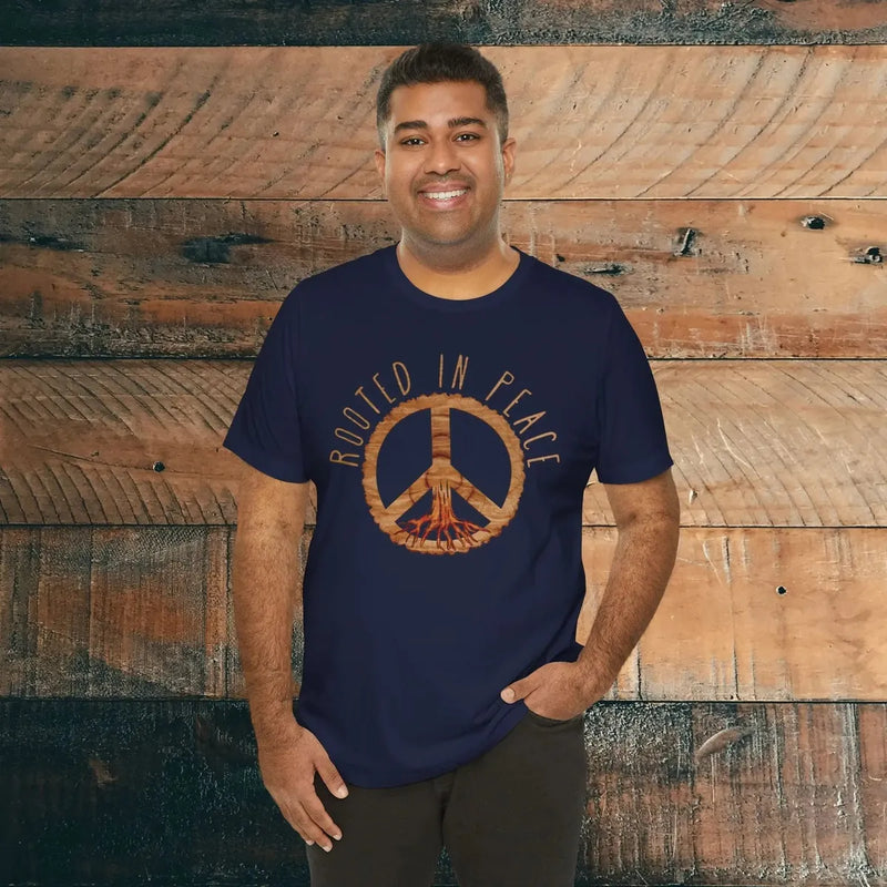 Rooted In Peace Sign Rustic Wood Look Unisex Fit Short Sleeve T-Shirt Tree Roots – Parks Apparel