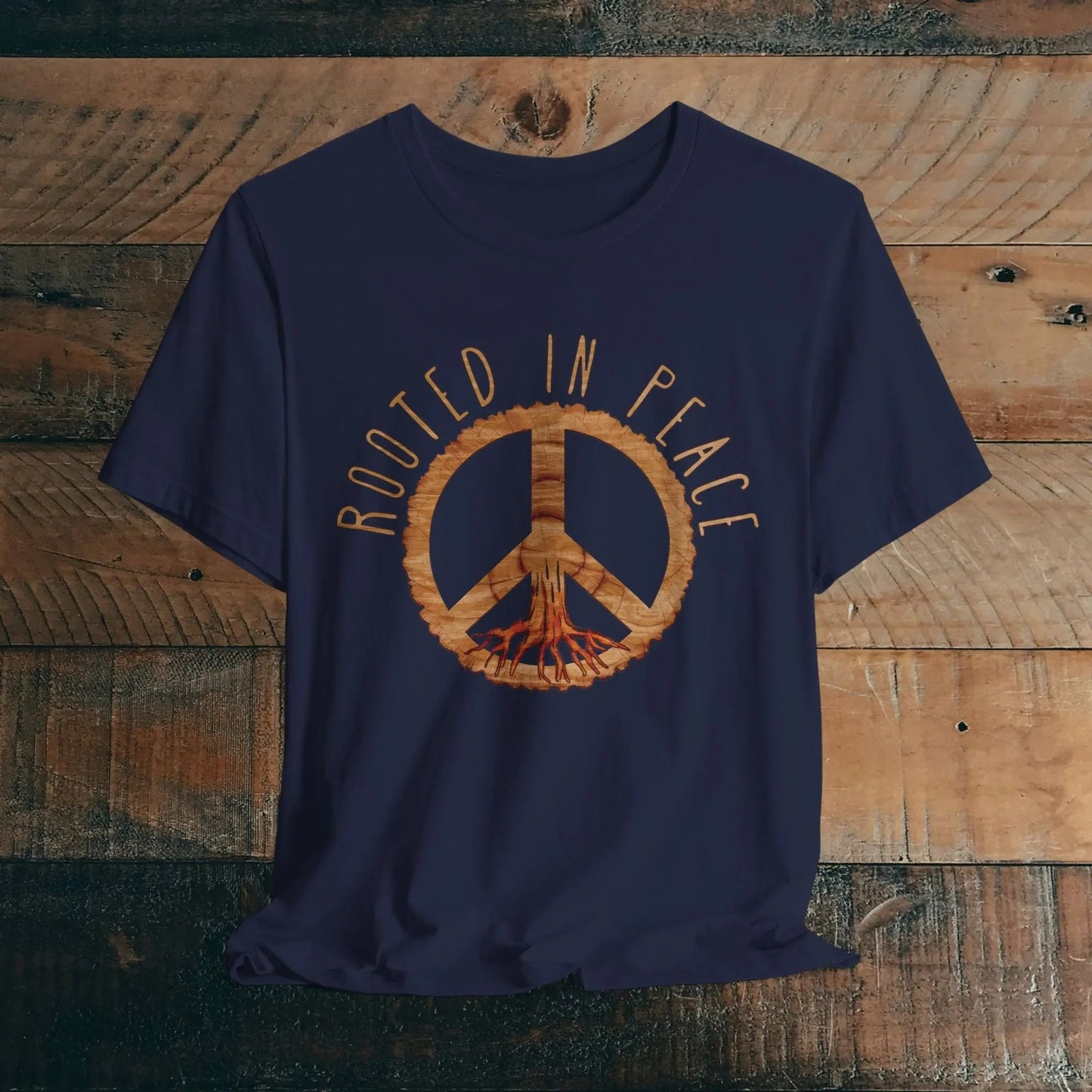 Rooted In Peace Sign Rustic Wood Look Unisex Fit Short Sleeve T-Shirt Tree Roots - Parks ApparelT-Shirt