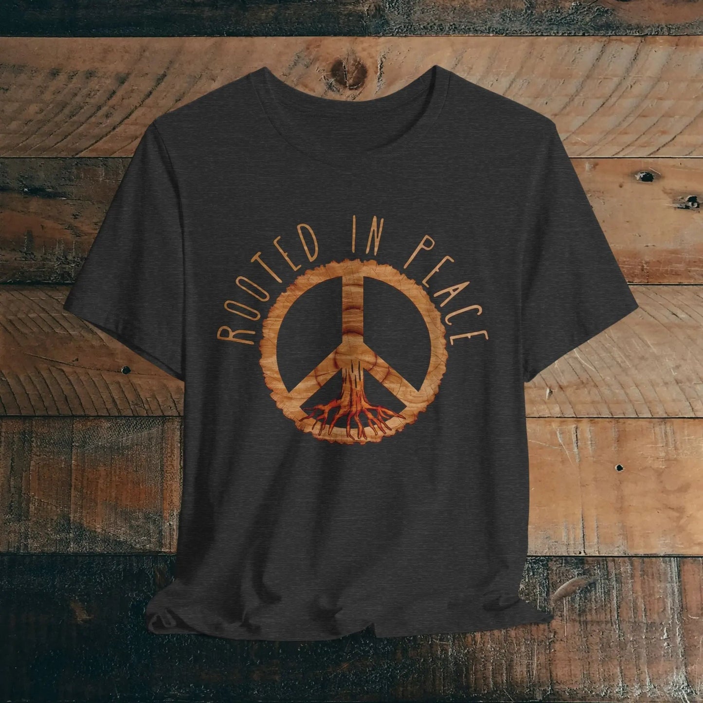 Rooted In Peace Sign Rustic Wood Look Unisex Fit Short Sleeve T-Shirt Tree Roots - Parks ApparelT-Shirt