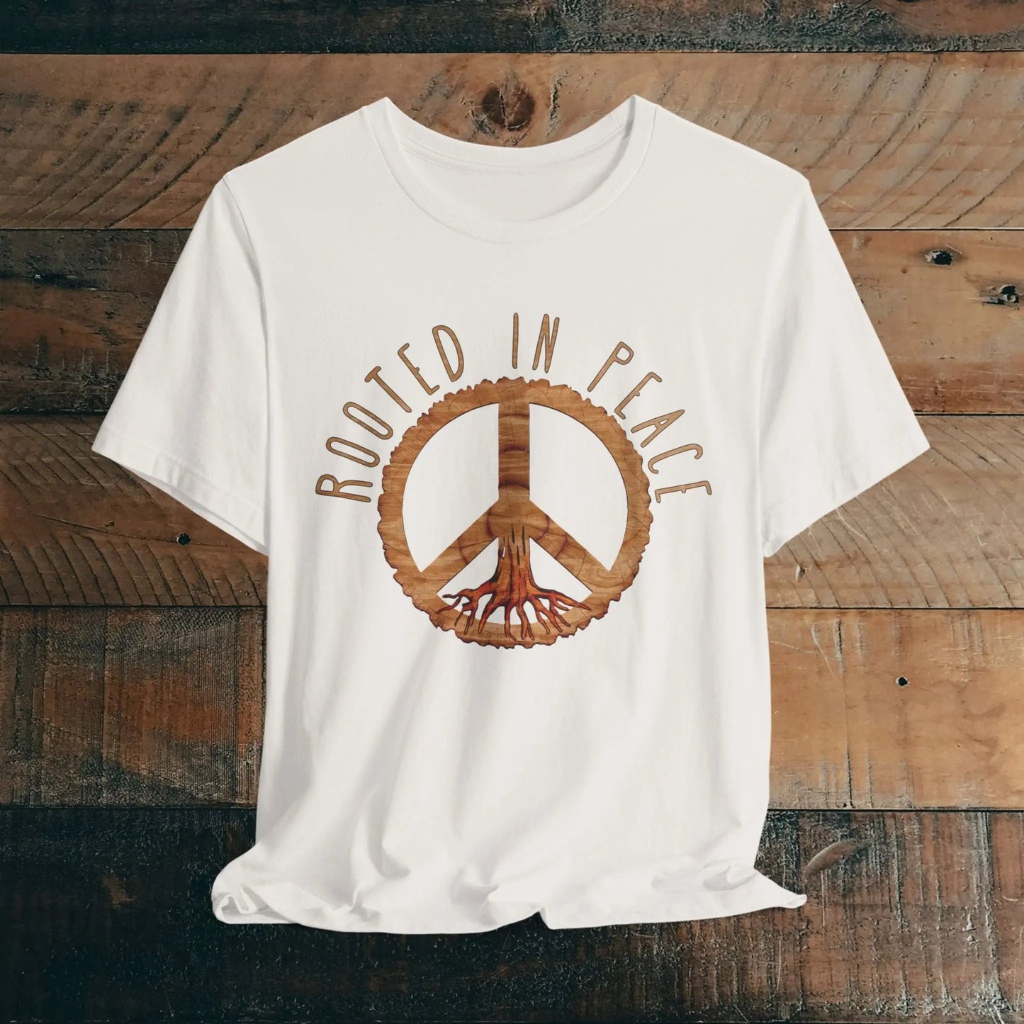 Rooted In Peace Sign Rustic Wood Look Unisex Fit Short Sleeve T-Shirt Tree Roots - Parks ApparelT-Shirt