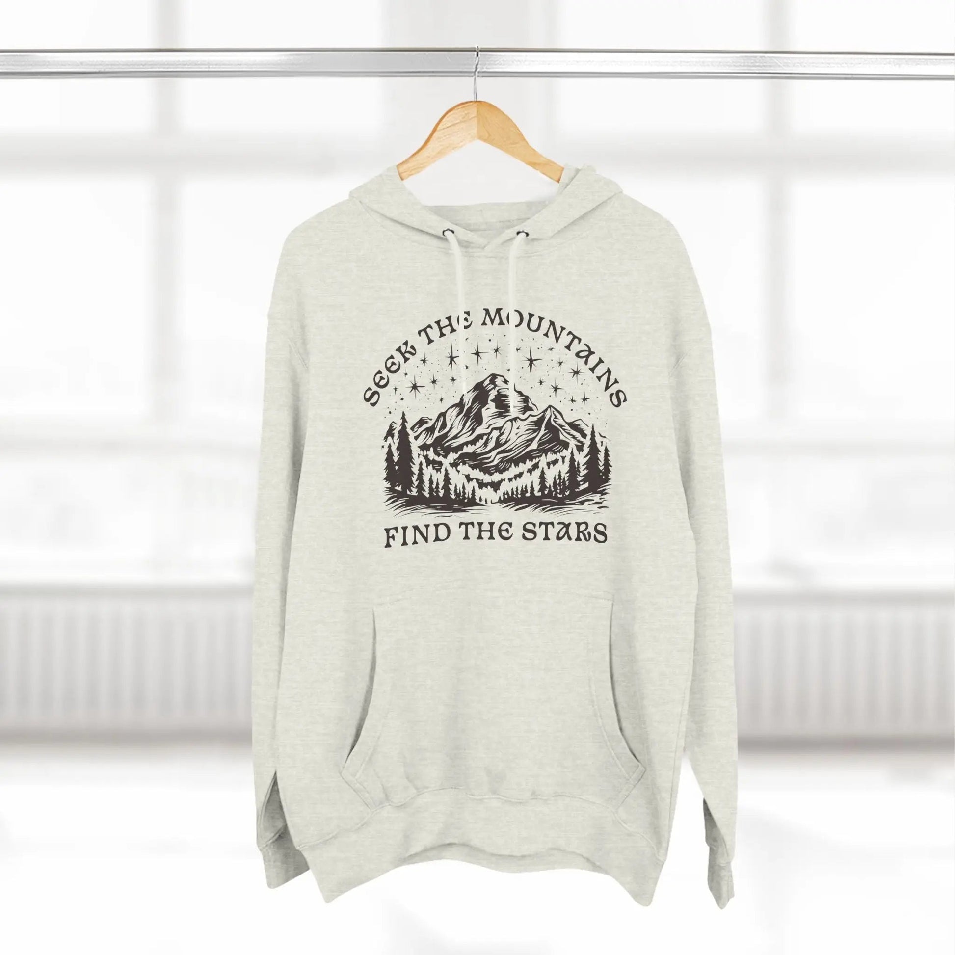 Seek The Mountains Find The Stars outdoor mountain fleece hoodie shown in lifestyle or modeled setting