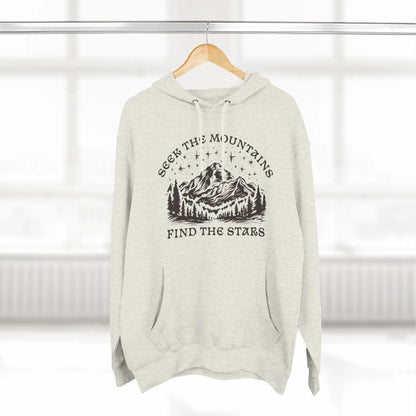 Seek The Mountains Find The Stars outdoor mountain fleece hoodie shown in lifestyle or modeled setting