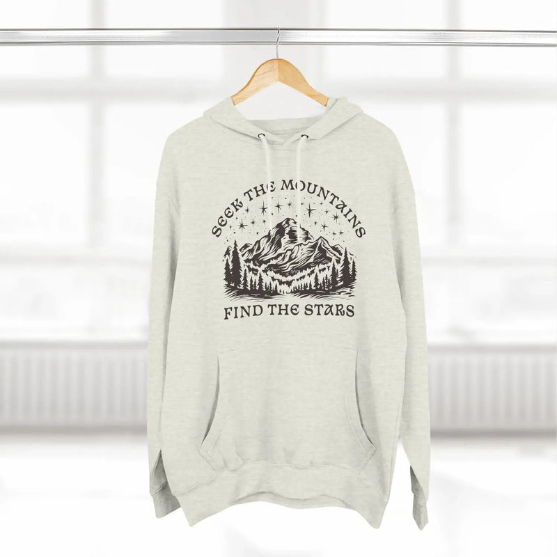 Seek The Mountains Find The Stars outdoor mountain fleece hoodie shown in lifestyle or modeled setting