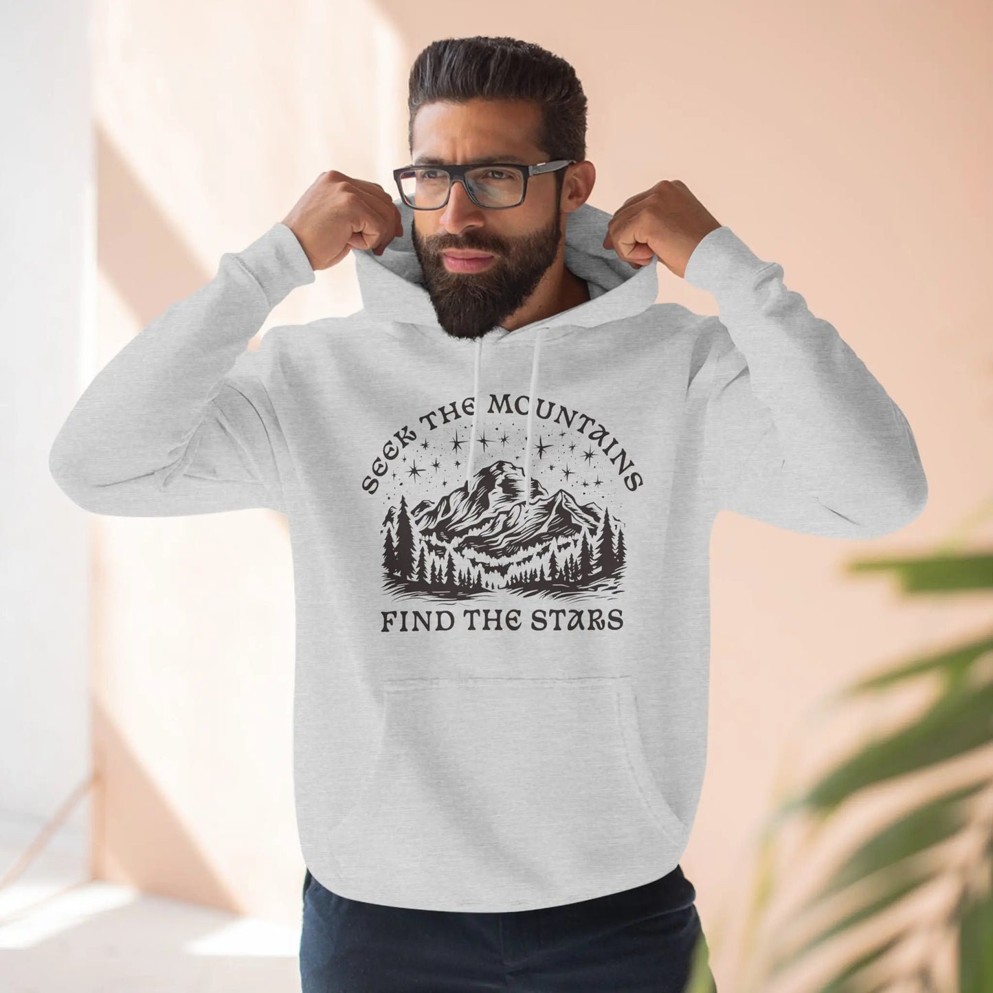 Seek The Mountains Find The Stars outdoor mountain fleece hoodie shown in alternate apparel color