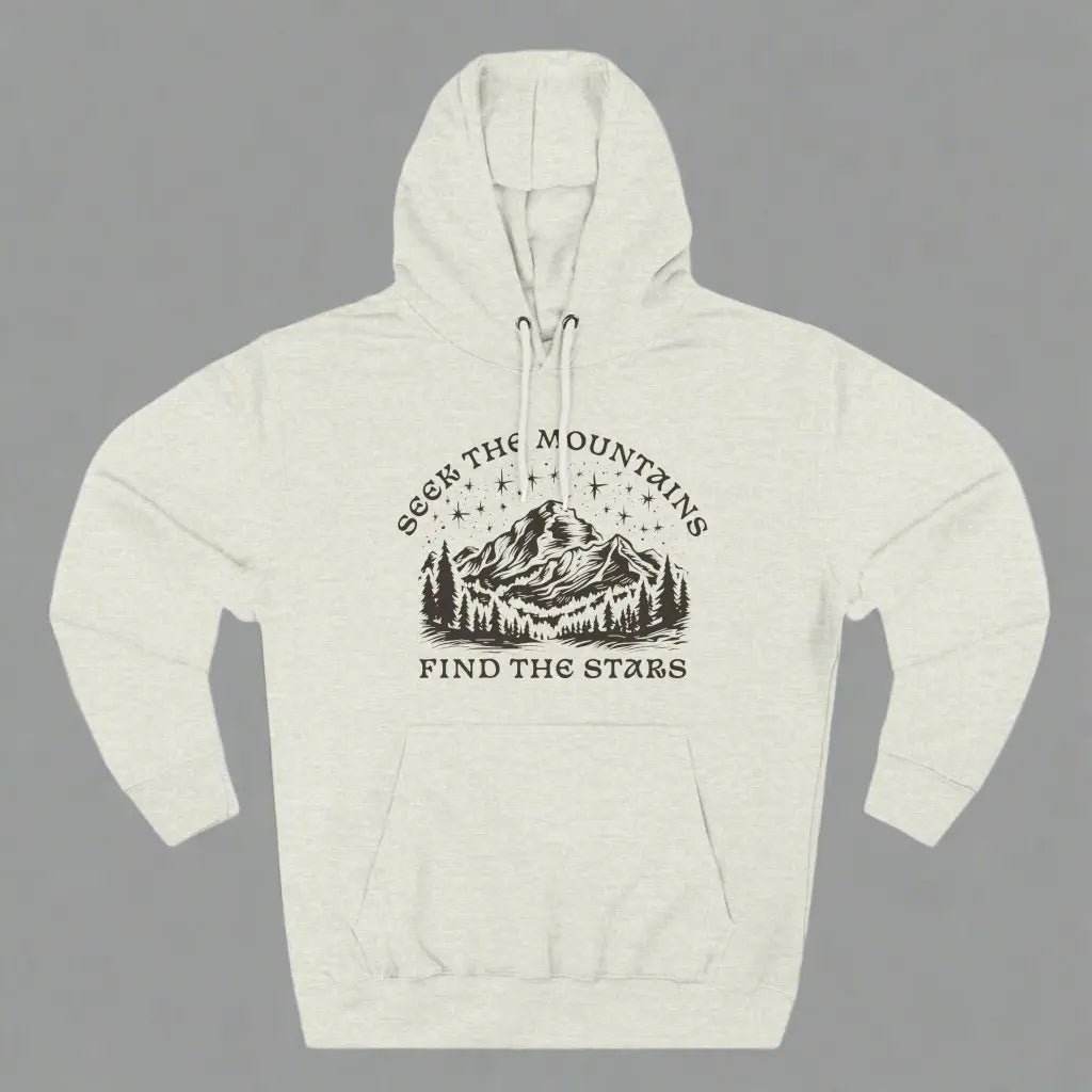 Seek The Mountains Find The Stars outdoor mountain fleece hoodie shown in lifestyle or modeled setting